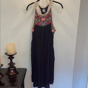 Anthropologie Black Midi Dress with Vibrant Floral Details